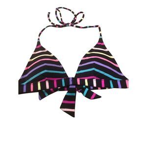 Victoria’s Secret black with bright multi striped padded halter bikini top size